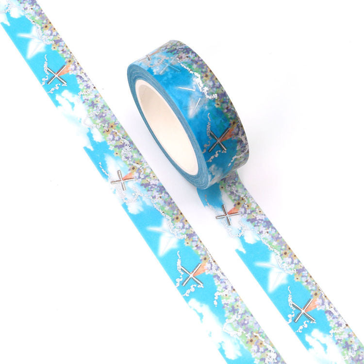 Cinta Washitape "Flowers and Windmills" con foil plateado, 15mmx10m.