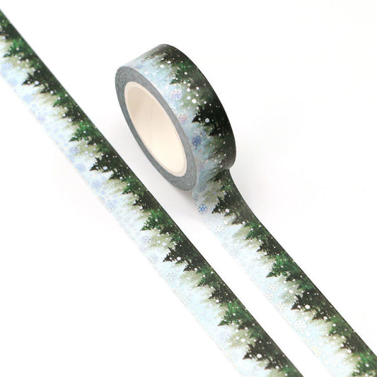 Cinta Washitape x 10 metros “Bosque de Pinos”, con aplicaciones de foil holográfico