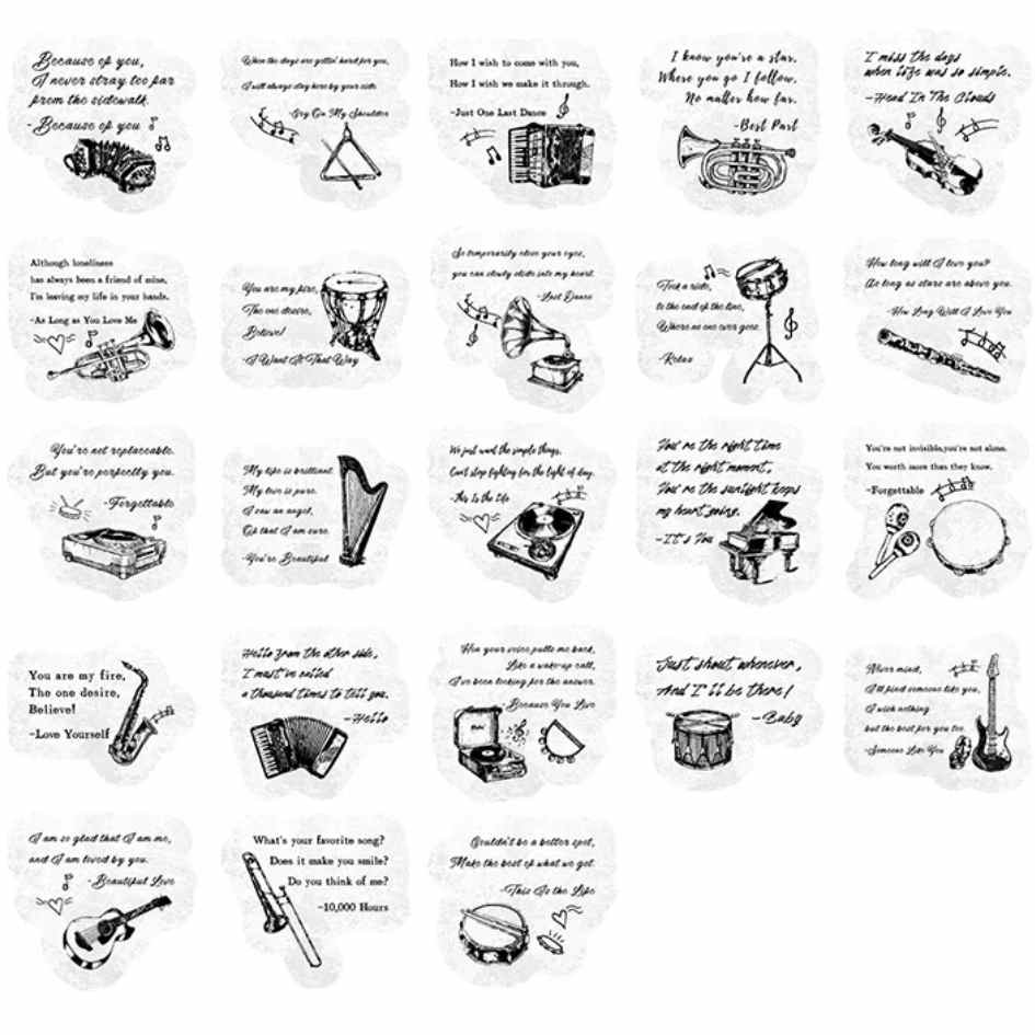 Cajita de 45 Stickers "Letters and Instruments Black White"