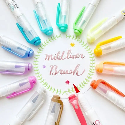 Set de 5 Mildliners Brush con punta pincel flexible, colores vibrantes ideales para caligrafía y dibujo.
