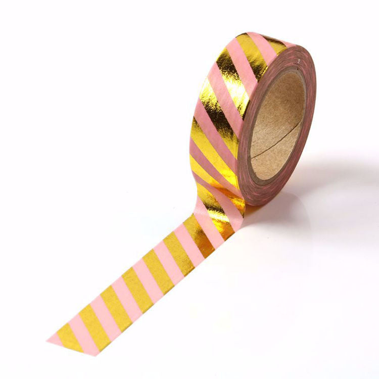 Cinta Washitape 15mmx10m "Pink Stripes" con foil dorado