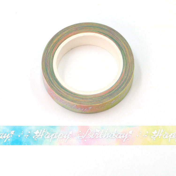 Cinta Washitape 10mmx10m "Happy Birthday Rainbow", con aplicaciones de foil
