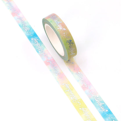 Cinta Washitape 10mmx10m "Happy Birthday Rainbow", con aplicaciones de foil