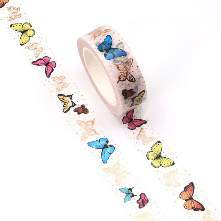 Cinta Washitape x 10 metros "Mariposas de colores", con aplicaciones de foil rose gold