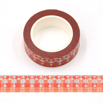 Cinta Washitape x 10 metros “Tartán rojo y copos”, con aplicaciones de foil holográfico