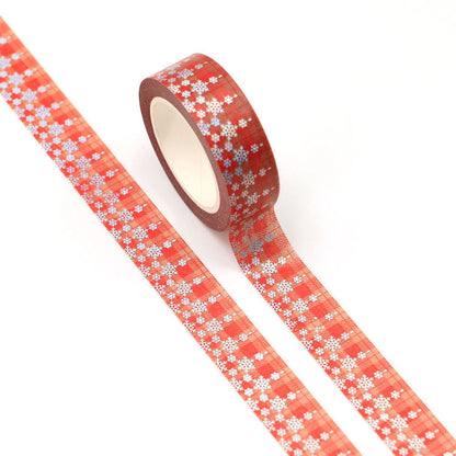 Cinta Washitape x 10 metros “Tartán rojo y copos”, con aplicaciones de foil holográfico