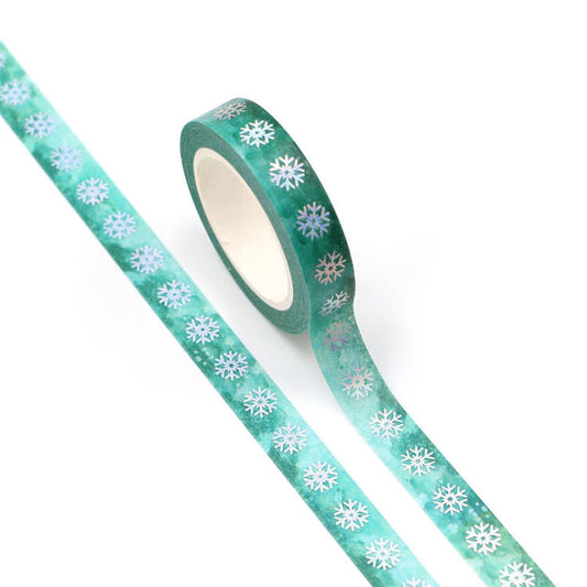 Cinta Washitape x 10 metros “Snowflake”, con aplicaciones de foil holográfico
