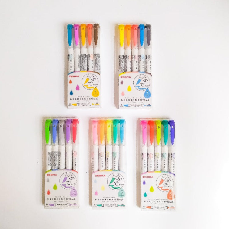 Sets de 5 Mildliners Brush en colores brillantes, con punta pincel flexible para caligrafía y diseños creativos.