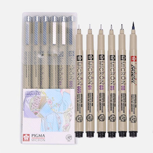 Pack x 6 Sakura Pigma Micron + Brush (005, 01, 03, 05, 08 y Brush)